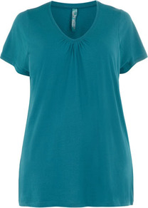 Green V Neck T Shirt - neckline: v-neck; pattern: plain; style: t-shirt; bust detail: ruching/gathering/draping/layers/pintuck pleats at bust; predominant colour: teal; occasions: casual, holiday; length: standard; fibres: cotton - 100%; fit: body skimming; sleeve length: short sleeve; sleeve style: standard; pattern type: fabric; texture group: jersey - stretchy/drapey