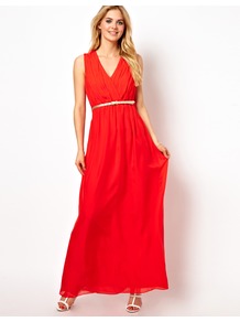 Maxi Dress With Belt - neckline: low v-neck; fit: empire; pattern: plain; sleeve style: sleeveless; style: maxi dress; length: ankle length; waist detail: belted waist/tie at waist/drawstring; bust detail: ruching/gathering/draping/layers/pintuck pleats at bust; predominant colour: true red; occasions: evening, occasion, holiday; fibres: silk - 100%; hip detail: soft pleats at hip/draping at hip/flared at hip; sleeve length: sleeveless; texture group: sheer fabrics/chiffon/organza etc.; pattern type: fabric
