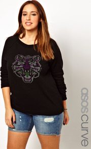 Curve Jumper With Studded Tiger - neckline: round neck; sleeve style: raglan; length: below the bottom; style: standard; predominant colour: black; occasions: casual; fibres: acrylic - mix; fit: loose; sleeve length: long sleeve; texture group: knits/crochet; pattern type: knitted - other; pattern size: light/subtle; pattern: patterned/print