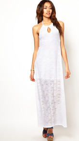 Chelsea Girl Maxi Dress - pattern: plain; sleeve style: sleeveless; style: maxi dress; back detail: low cut/open back; predominant colour: white; occasions: casual, holiday; length: floor length; fit: soft a-line; neckline: peep hole neckline; fibres: polyester/polyamide - 100%; sleeve length: sleeveless; pattern type: fabric; texture group: other - light to midweight; embellishment: embroidered
