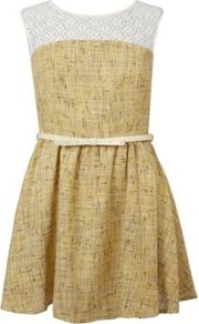 G21 Boucle Dress With Lace Neckline Gold - length: mid thigh; neckline: round neck; sleeve style: sleeveless; pattern: herringbone/tweed; waist detail: belted waist/tie at waist/drawstring; secondary colour: white; predominant colour: stone; occasions: casual, evening, occasion; fit: fitted at waist & bust; style: fit & flare; fibres: polyester/polyamide - stretch; hip detail: soft pleats at hip/draping at hip/flared at hip; sleeve length: sleeveless; texture group: lace; trends: metallics; pattern type: fabric