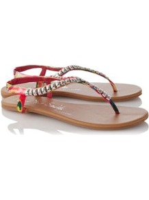 Bead Sandals Multi - predominant colour: true red; secondary colour: silver; occasions: casual, evening, holiday; material: fabric; heel height: flat; embellishment: studs; ankle detail: ankle strap; heel: standard; toe: toe thongs; style: flip flops / toe post; trends: metallics; finish: plain; pattern: plain