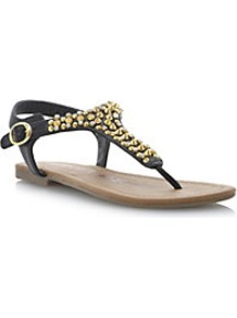 Jazmina Studand Jewel Toe Post Sandal - secondary colour: gold; predominant colour: black; occasions: casual, holiday; material: faux leather; heel height: flat; embellishment: beading; ankle detail: ankle strap; heel: standard; toe: toe thongs; style: flip flops / toe post; finish: plain; pattern: plain