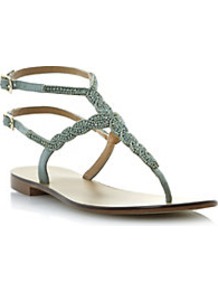 Kart Beaded Diamante T Bar Sandal - predominant colour: pistachio; occasions: casual, holiday; material: leather; heel height: flat; embellishment: crystals; ankle detail: ankle strap; heel: standard; toe: open toe/peeptoe; style: strappy; finish: plain; pattern: plain