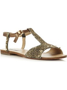 Torment Studded T Bar Sandal - predominant colour: khaki; secondary colour: gold; occasions: casual, evening, holiday; material: fabric; heel height: flat; embellishment: studs; ankle detail: ankle strap; heel: standard; toe: open toe/peeptoe; style: strappy; trends: statement prints, metallics; finish: plain; pattern: plain