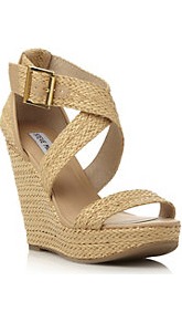 Haywire Woven High Wedge Heeled Sandal - predominant colour: stone; occasions: evening, work, occasion, holiday; material: faux leather; embellishment: buckles; ankle detail: ankle strap; heel: wedge; toe: open toe/peeptoe; style: strappy; finish: plain; pattern: plain; heel height: very high