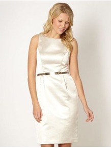 Designer Light Gold Evening Dress - style: shift; neckline: slash/boat neckline; fit: tailored/fitted; pattern: plain; sleeve style: sleeveless; waist detail: belted waist/tie at waist/drawstring; predominant colour: champagne; occasions: evening, occasion; length: just above the knee; fibres: cotton - mix; sleeve length: sleeveless; texture group: brocade/jacquard
