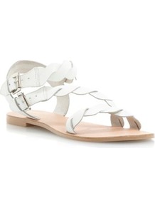 White Leather Jumpy Twist Strap Flat Sandal - predominant colour: white; occasions: casual, holiday; material: leather; heel height: flat; embellishment: buckles; ankle detail: ankle strap; heel: standard; toe: open toe/peeptoe; style: strappy; finish: plain; pattern: plain