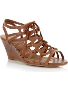 Wide Fit Tan Lace Up Cage Wedges - predominant colour: tan; occasions: casual, work, holiday; material: faux leather; heel height: mid; ankle detail: ankle strap; heel: wedge; toe: open toe/peeptoe; style: gladiators; finish: plain; pattern: plain