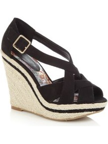 Black Raffia Wedge Sandals - secondary colour: ivory; predominant colour: black; occasions: casual, holiday; material: macrame/raffia/straw; heel height: high; embellishment: buckles; heel: wedge; toe: open toe/peeptoe; style: strappy; finish: plain; pattern: plain