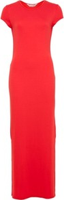 Red Jersey Maxi Dress - pattern: plain; style: maxi dress; predominant colour: true red; occasions: casual, evening, holiday; length: floor length; fit: body skimming; fibres: polyester/polyamide - stretch; neckline: crew; sleeve length: short sleeve; sleeve style: standard; pattern type: fabric; texture group: jersey - stretchy/drapey