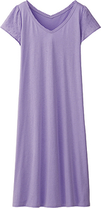 Women Lace Dress(Short Sleeve) 72 Purple - style: t-shirt; length: below the knee; neckline: low v-neck; fit: loose; pattern: plain; shoulder detail: contrast pattern/fabric at shoulder; predominant colour: lilac; occasions: casual, holiday; fibres: cotton - mix; sleeve length: short sleeve; sleeve style: standard; pattern type: fabric; texture group: jersey - stretchy/drapey
