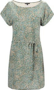 Cotton Jersey Animal Print Tie Waist Dress Green - style: tunic; length: mid thigh; neckline: slash/boat neckline; waist detail: belted waist/tie at waist/drawstring; secondary colour: turquoise; predominant colour: sage; occasions: casual, evening, holiday; fit: straight cut; fibres: cotton - mix; sleeve length: short sleeve; sleeve style: standard; pattern type: fabric; pattern size: standard; pattern: animal print; texture group: jersey - stretchy/drapey
