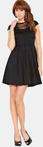 Lace Detail Skater Dress, Black - length: mid thigh; sleeve style: capped; pattern: plain; waist detail: fitted waist; shoulder detail: contrast pattern/fabric at shoulder; predominant colour: black; occasions: evening, occasion; fit: fitted at waist & bust; style: fit & flare; fibres: polyester/polyamide - stretch; neckline: crew; hip detail: structured pleats at hip; bust detail: contrast pattern/fabric/detail at bust; sleeve length: sleeveless; pattern type: fabric; texture group: other - light to midweight; embellishment: lace