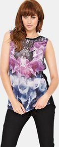 Woven Print Front Top, Black - sleeve style: sleeveless; style: t-shirt; secondary colour: white; predominant colour: magenta; occasions: casual, evening, holiday; length: standard; fibres: polyester/polyamide - mix; fit: body skimming; neckline: crew; sleeve length: sleeveless; texture group: sheer fabrics/chiffon/organza etc.; pattern type: fabric; pattern size: big & busy; pattern: patterned/print