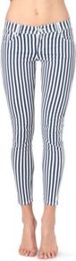Striped Skinny Mid Rise Jeans - style: skinny leg; pattern: vertical stripes; waist: low rise; pocket detail: traditional 5 pocket; secondary colour: white; predominant colour: navy; occasions: casual, evening, holiday; length: ankle length; fibres: cotton - stretch; texture group: denim; trends: striking stripes; pattern type: fabric; pattern size: standard