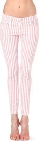 Striped Skinny Mid Rise Jeans - style: skinny leg; pattern: vertical stripes; pocket detail: traditional 5 pocket; waist: mid/regular rise; secondary colour: white; occasions: casual, evening, holiday; length: ankle length; fibres: cotton - stretch; texture group: denim; pattern type: fabric; predominant colour: dusky pink