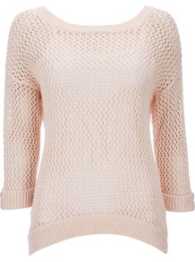 Pink Jumper - neckline: round neck; pattern: plain; style: standard; predominant colour: blush; occasions: casual; length: standard; fibres: cotton - mix; fit: standard fit; sleeve length: 3/4 length; sleeve style: standard; texture group: knits/crochet; pattern type: knitted - big stitch