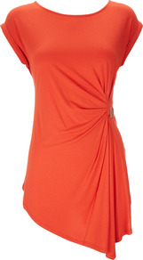 Orange Top - neckline: slash/boat neckline; sleeve style: capped; pattern: plain; length: below the bottom; waist detail: twist front waist detail/nipped in at waist on one side/soft pleats/draping/ruching/gathering waist detail; predominant colour: coral; occasions: casual, holiday; style: top; fibres: viscose/rayon - stretch; fit: body skimming; hip detail: soft pleats at hip/draping at hip/flared at hip; back detail: shorter hem at back than at front; sleeve length: short sleeve; trends: fluorescent; pattern type: fabric; texture group: jersey - stretchy/drapey; embellishment: chain/metal