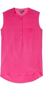 Sleeveless Band Collar Half Placket Blouse - pattern: plain; sleeve style: sleeveless; style: blouse; bust detail: buttons at bust (in middle at breastbone)/zip detail at bust; predominant colour: hot pink; occasions: casual, evening, work, occasion, holiday; length: standard; fit: straight cut; neckline: crew; sleeve length: sleeveless; texture group: silky - light; trends: fluorescent; pattern type: fabric; fibres: silk - stretch