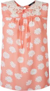 Daisy Print Sleeveless Chiffon Top With Crochet And Pearlescent Coral - sleeve style: sleeveless; bust detail: added detail/embellishment at bust; predominant colour: coral; occasions: casual, evening, holiday; length: standard; style: top; fibres: polyester/polyamide - 100%; fit: straight cut; neckline: no opening/shirt collar/peter pan; back detail: keyhole/peephole detail at back; sleeve length: sleeveless; texture group: sheer fabrics/chiffon/organza etc.; pattern type: fabric; pattern size: light/subtle; pattern: florals; embellishment: lace