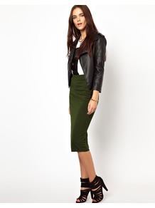 Pencil Skirt In Textured Jersey - length: below the knee; pattern: plain; fit: tight; waist detail: elasticated waist; waist: high rise; predominant colour: dark green; occasions: casual, evening; fibres: polyester/polyamide - stretch; style: tube; texture group: jersey - clingy; pattern type: fabric