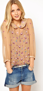 Silk Blouse In Mushroom Print - style: blouse; predominant colour: camel; occasions: casual, work; length: standard; fibres: silk - 100%; fit: loose; neckline: no opening/shirt collar/peter pan; sleeve length: long sleeve; sleeve style: standard; texture group: sheer fabrics/chiffon/organza etc.; pattern type: fabric; pattern size: light/subtle; pattern: patterned/print