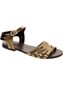 Firework Leather Flat Sandals - predominant colour: bronze; occasions: casual, holiday; material: leather; heel height: flat; ankle detail: ankle strap; heel: standard; toe: open toe/peeptoe; style: strappy; trends: metallics; finish: metallic; pattern: plain