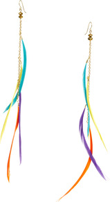 Slinky Multi Coloured Feather Earring - occasions: casual, holiday; predominant colour: multicoloured; style: drop; length: extra long; size: small/fine; material: chain/metal; fastening: pierced; finish: plain; embellishment: feathers