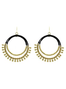 Ethnic Hoop Drop Earrings - predominant colour: gold; secondary colour: black; occasions: casual, evening, work, occasion, holiday; style: hoop; length: mid; size: standard; material: chain/metal; fastening: pierced; finish: plain; embellishment: chain/metal