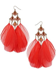 Coral Feather Earrings - predominant colour: true red; secondary colour: coral; occasions: evening, occasion; style: drop; length: long; size: large/oversized; material: chain/metal; fastening: pierced; finish: plain; embellishment: feathers