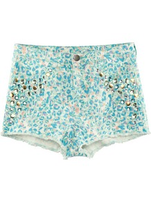 Shorts - waist detail: fitted waist; waist: high rise; pocket detail: traditional 5 pocket; length: short shorts; style: hot pants; predominant colour: turquoise; secondary colour: nude; occasions: casual, holiday; fibres: cotton - stretch; hip detail: added detail/embellishment at hip; texture group: denim; trends: metallics; fit: skinny/tight leg; pattern type: fabric; pattern size: standard; pattern: animal print; embellishment: jewels