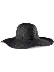 Straw Hat - predominant colour: black; occasions: casual, holiday; type of pattern: standard; style: sunhat; size: large; material: macrame/raffia/straw; embellishment: ribbon; pattern: plain