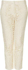 Floral Lace Trousers - pattern: plain; waist detail: fitted waist; pocket detail: pockets at the sides; waist: mid/regular rise; predominant colour: ivory; occasions: casual, evening, work, occasion, holiday; length: calf length; fibres: cotton - 100%; hip detail: fitted at hip (bottoms); texture group: lace; fit: slim leg; pattern type: fabric; pattern size: light/subtle; style: standard; embellishment: lace