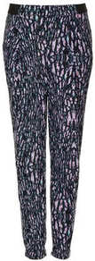 Marble Speckle Jersey Tapered Trousers - style: harem/slouch; waist detail: elasticated waist; pocket detail: pockets at the sides; waist: mid/regular rise; predominant colour: lilac; secondary colour: black; occasions: casual, evening, work, holiday; length: calf length; fibres: polyester/polyamide - stretch; hip detail: fitted at hip (bottoms); trends: statement prints, modern geometrics; fit: tapered; pattern type: fabric; pattern size: standard; pattern: patterned/print; texture group: jersey - stretchy/drapey