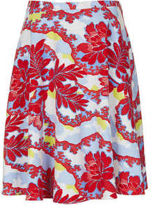 Portobello Print Calf Skater - fit: body skimming; hip detail: fitted at hip; waist: mid/regular rise; predominant colour: true red; secondary colour: pale blue; occasions: casual, evening, work, holiday; length: just above the knee; style: fit & flare; fibres: cotton - stretch; waist detail: narrow waistband; texture group: cotton feel fabrics; trends: high impact florals; pattern type: fabric; pattern size: big & busy; pattern: patterned/print