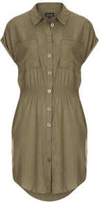 Casual Utility Shirtdress - style: shirt; neckline: shirt collar/peter pan/zip with opening; sleeve style: dolman/batwing; fit: fitted at waist; pattern: plain; waist detail: elasticated waist; hip detail: side pockets at hip; bust detail: pocket detail at bust; predominant colour: khaki; occasions: casual, work, holiday; length: just above the knee; back detail: longer hem at back than at front; sleeve length: short sleeve; texture group: cotton feel fabrics; pattern type: fabric; fibres: viscose/rayon - mix