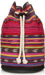 Aztec Duffle Backpack - secondary colour: black; occasions: casual, holiday; predominant colour: multicoloured; type of pattern: heavy; style: rucksack; length: rucksack; size: standard; material: fabric; embellishment: tassels; trends: striking stripes; finish: plain; pattern: patterned/print