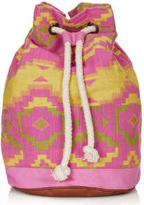 Neon Aztec Duffle Backpack - predominant colour: hot pink; secondary colour: yellow; occasions: casual, holiday; type of pattern: large; style: rucksack; length: rucksack; size: standard; material: fabric; embellishment: tassels; trends: modern geometrics; finish: plain; pattern: patterned/print