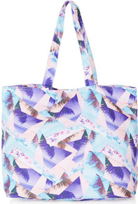 Beach Postcard Shopper - predominant colour: purple; secondary colour: pale blue; occasions: casual, holiday; type of pattern: heavy; style: tote; length: handle; size: standard; material: fabric; trends: modern geometrics; finish: plain; pattern: patterned/print