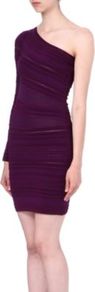 One Shoulder Knitted Dress - length: mid thigh; neckline: v-neck; fit: tight; pattern: plain; style: bodycon; predominant colour: aubergine; occasions: evening, occasion; fibres: wool - stretch; shoulder detail: asymmetric shoulder detail/one shoulder; sleeve length: long sleeve; sleeve style: standard; pattern type: knitted - fine stitch; texture group: other - clingy