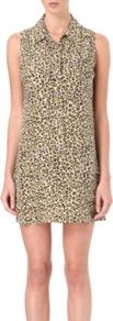 Lucida Leopard Print Dress - style: shirt; length: mid thigh; neckline: shirt collar/peter pan/zip with opening; sleeve style: sleeveless; secondary colour: chocolate brown; occasions: casual, evening, holiday; fit: body skimming; fibres: silk - 100%; predominant colour: multicoloured; sleeve length: sleeveless; texture group: structured shiny - satin/tafetta/silk etc.; pattern type: fabric; pattern size: light/subtle; pattern: animal print