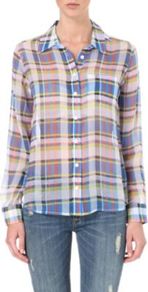 Brett Checked Shirt - neckline: shirt collar/peter pan/zip with opening; pattern: checked/gingham; style: shirt; occasions: casual, work, holiday; length: standard; fibres: silk - 100%; fit: straight cut; back detail: longer hem at back than at front; predominant colour: multicoloured; sleeve length: long sleeve; sleeve style: standard; texture group: sheer fabrics/chiffon/organza etc.; pattern type: fabric; pattern size: standard