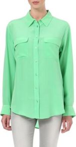 Signature Solid Shirt - neckline: shirt collar/peter pan/zip with opening; sleeve style: extended cuff; pattern: plain; length: below the bottom; style: shirt; bust detail: pocket detail at bust; predominant colour: mint green; occasions: casual, evening, work, holiday; fibres: silk - 100%; fit: loose; back detail: longer hem at back than at front; sleeve length: extra long; texture group: structured shiny - satin/tafetta/silk etc.; trends: fluorescent; pattern type: fabric