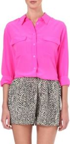 Signature Solid Shirt - neckline: shirt collar/peter pan/zip with opening; sleeve style: extended cuff; pattern: plain; length: below the bottom; style: shirt; bust detail: pocket detail at bust; predominant colour: hot pink; occasions: casual, evening, work, holiday; fibres: silk - 100%; fit: body skimming; sleeve length: extra long; texture group: structured shiny - satin/tafetta/silk etc.; trends: fluorescent; pattern type: fabric
