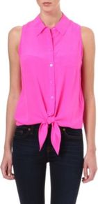 Mina Tie Front Shirt - neckline: shirt collar/peter pan/zip with opening; pattern: plain; sleeve style: sleeveless; style: shirt; waist detail: belted waist/tie at waist/drawstring; predominant colour: hot pink; occasions: casual, holiday; length: standard; fibres: silk - 100%; fit: body skimming; sleeve length: sleeveless; texture group: structured shiny - satin/tafetta/silk etc.; trends: fluorescent; pattern type: fabric