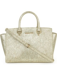 Selma Large Top Zip Satchel - predominant colour: champagne; occasions: casual, work; style: tote; length: handle; size: oversized; material: leather; pattern: plain; trends: metallics; finish: metallic