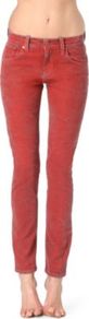 Boyfriend Skinny Low Rise Jeans - style: skinny leg; length: standard; pattern: plain; waist: low rise; pocket detail: traditional 5 pocket; predominant colour: true red; occasions: casual, evening, holiday; fibres: cotton - stretch; texture group: denim; pattern type: fabric