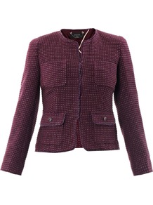 Opache Jacket - pattern: plain; style: single breasted blazer; collar: round collar/collarless; predominant colour: purple; occasions: casual, evening, work; length: standard; fit: tailored/fitted; fibres: wool - mix; sleeve length: long sleeve; sleeve style: standard; collar break: high; pattern type: fabric; texture group: other - light to midweight