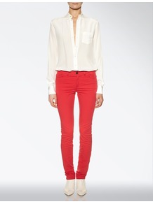 Cotton Skinny Nino Trouser - length: standard; pattern: plain; pocket detail: traditional 5 pocket; waist: mid/regular rise; predominant colour: true red; occasions: casual, evening; fibres: cotton - stretch; texture group: cotton feel fabrics; fit: skinny/tight leg; pattern type: fabric; style: standard